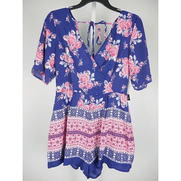 Trixxi Juniors Printed Flutter-Sleev Navy Floral Romper S - Picture 2 of 7